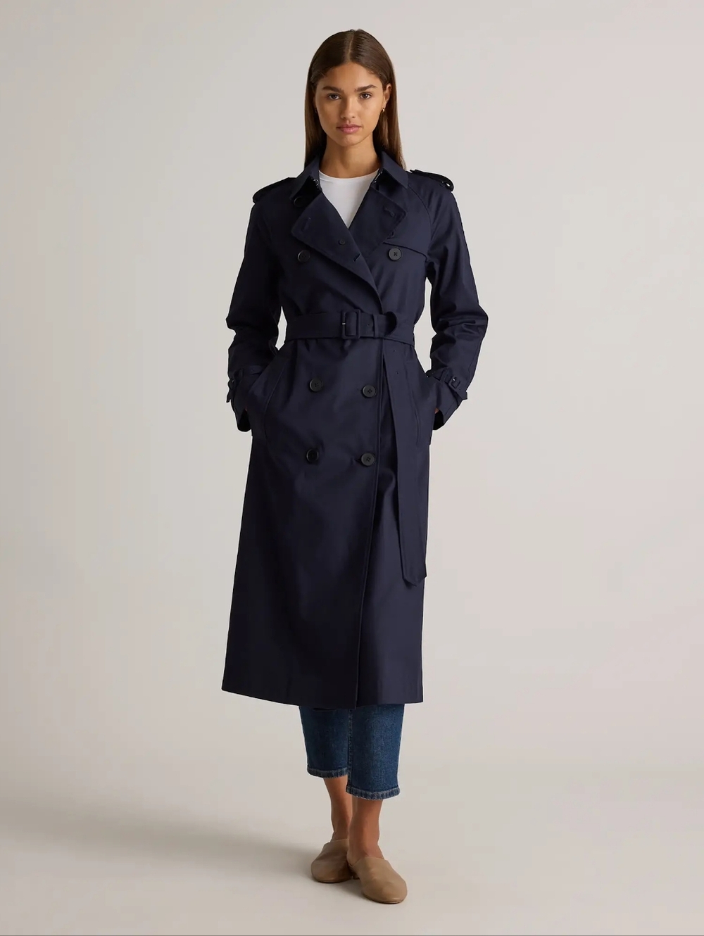 Quince Stretch Long Trench Coat Classic Navy NWT